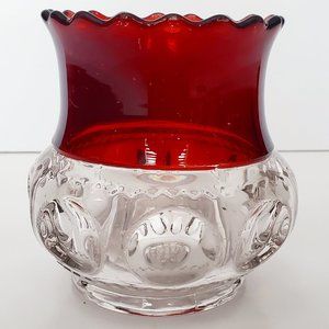 Vintage Red Glass Bowl Vase Ruffled Scalloped Rim Thumbprint Pressed Glass MCM